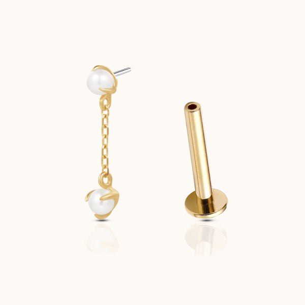 Natural Pearl Chain Drop Stud – 14K Gold Threadless | DOVIANA