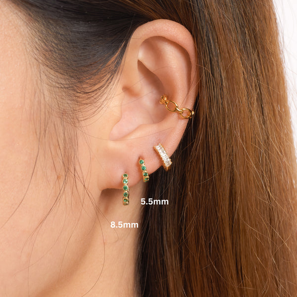 Tiny Emerald Green CZ Mini Bead Bezel Set Gold Huggie Hoop Earrings Tiny Emerald Green CZ Mini Bead Bezel Set Gold Huggie Hoop Earrings