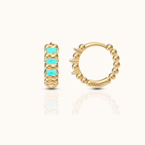 Turquoise Beaded Croissant Ribbed Huggie Hoop Earrings in