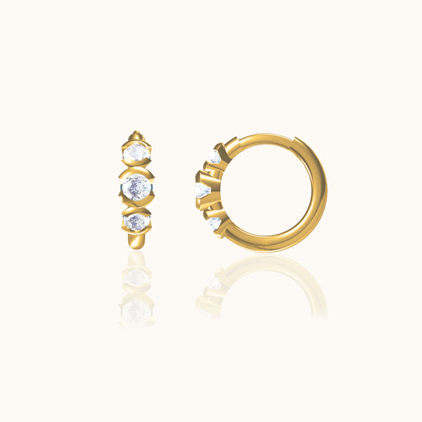 Gold Petite 3 Diamond Crystal Cluster Huggie Triple CZ Hoop