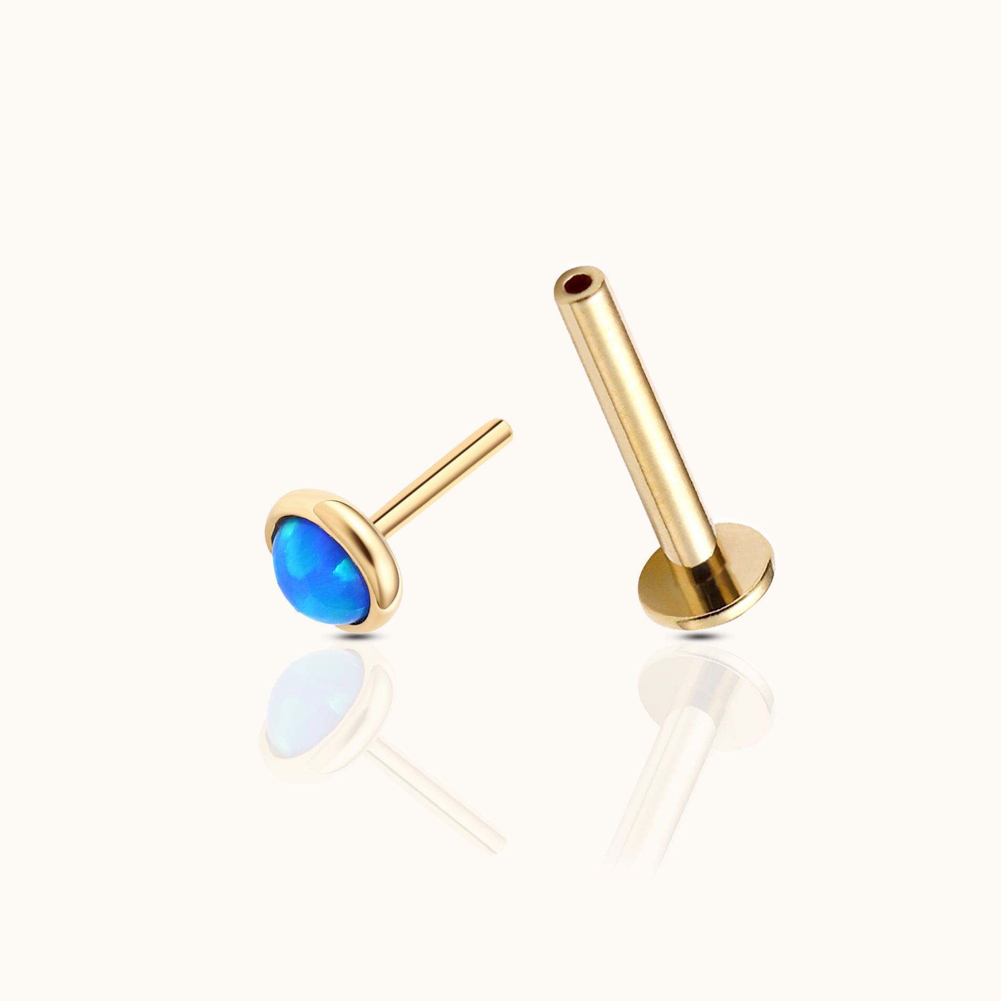 14K Solid Gold 3mm Ocean Blue Opal Bezel Set Threadless Labret Flat Back Earring by Doviana