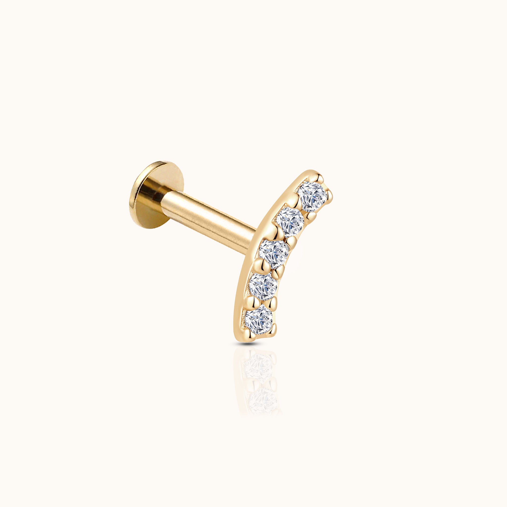 14K Solid Gold Curved Bar CZ Threadless Labret Flat Back Earring by Doviana