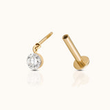 DOVIANA 14K solid gold diamond drop threaded flat-back earring with a bezel-set round diamond charm 3mm diamond