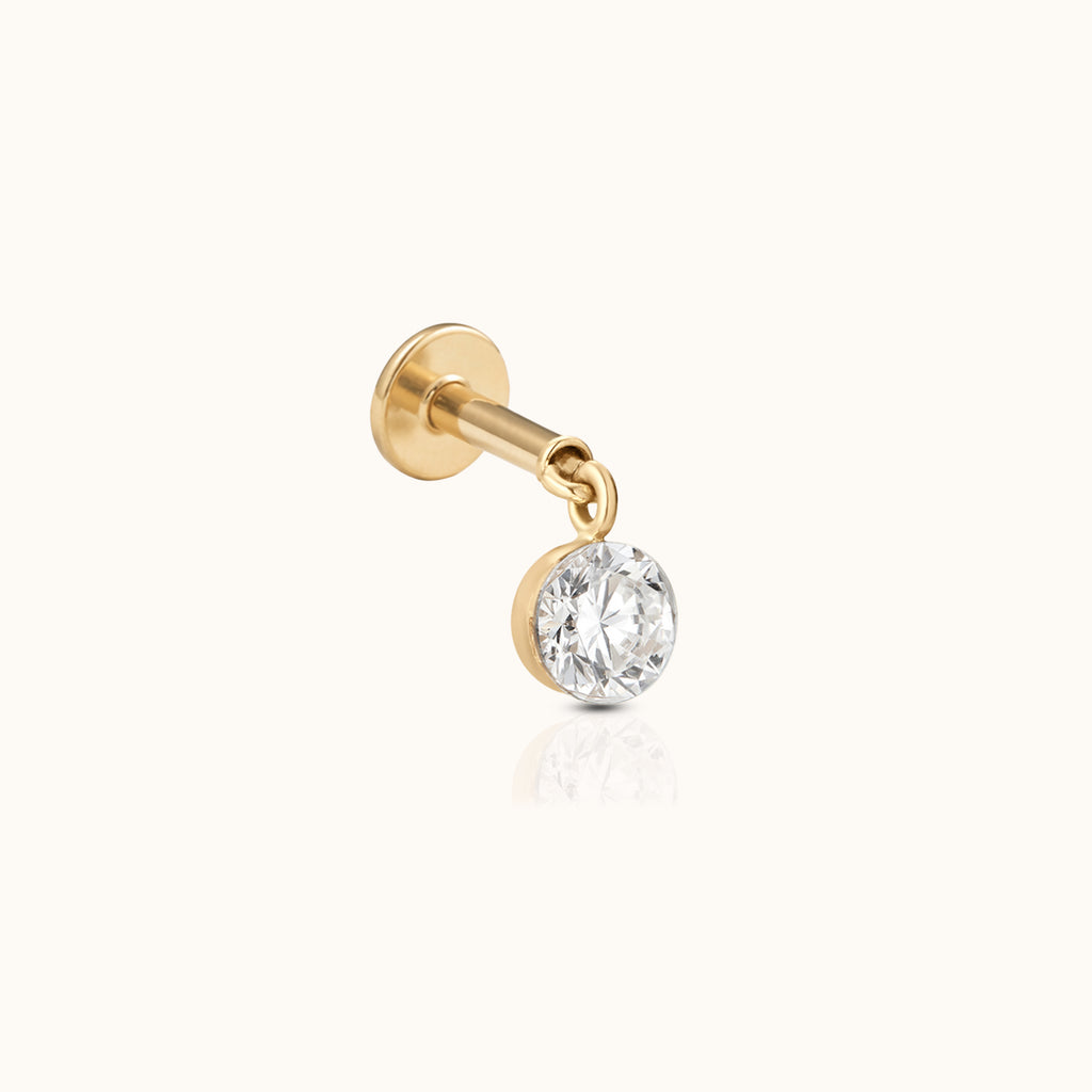 DOVIANA 14K solid gold diamond drop threaded flat-back earring with a bezel-set round diamond charm 3mm diamond