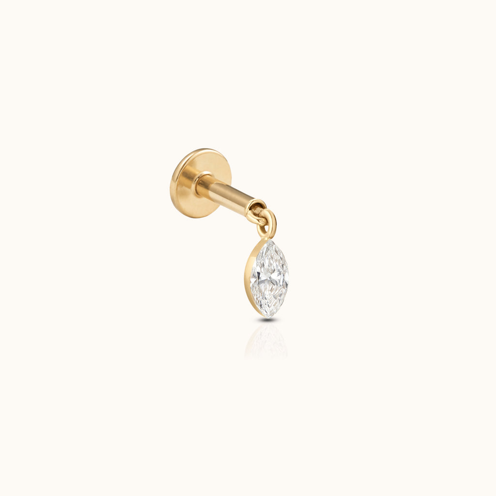 DOVIANA 14K solid gold marquise diamond drop threaded flat-back earring with a bezel-set dangling diamond oval shape diamond