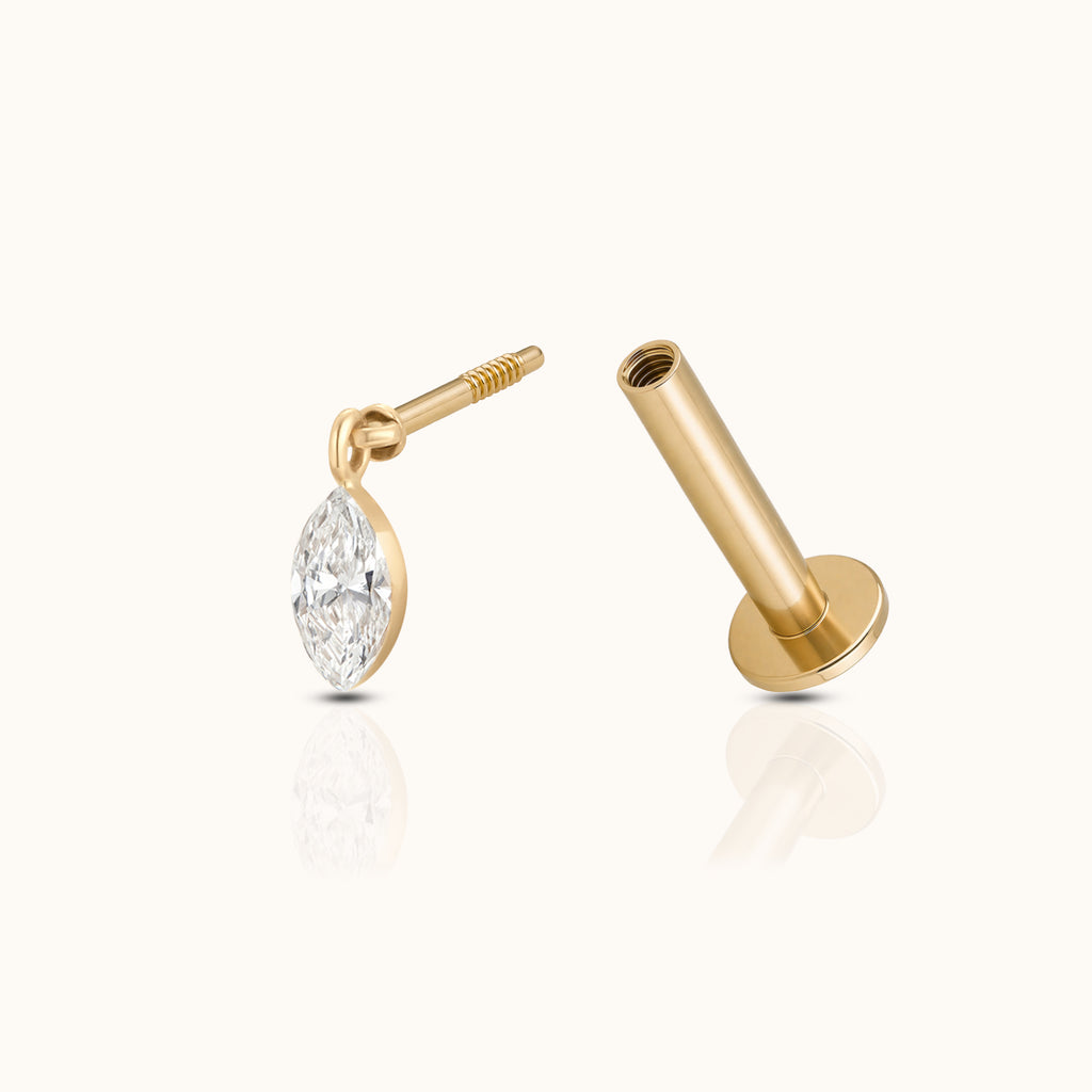 DOVIANA 14K solid gold marquise diamond drop threaded flat-back earring with a bezel-set dangling diamond oval shape diamond