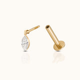 DOVIANA 14K solid gold marquise diamond drop threaded flat-back earring with a bezel-set dangling diamond oval shape diamond