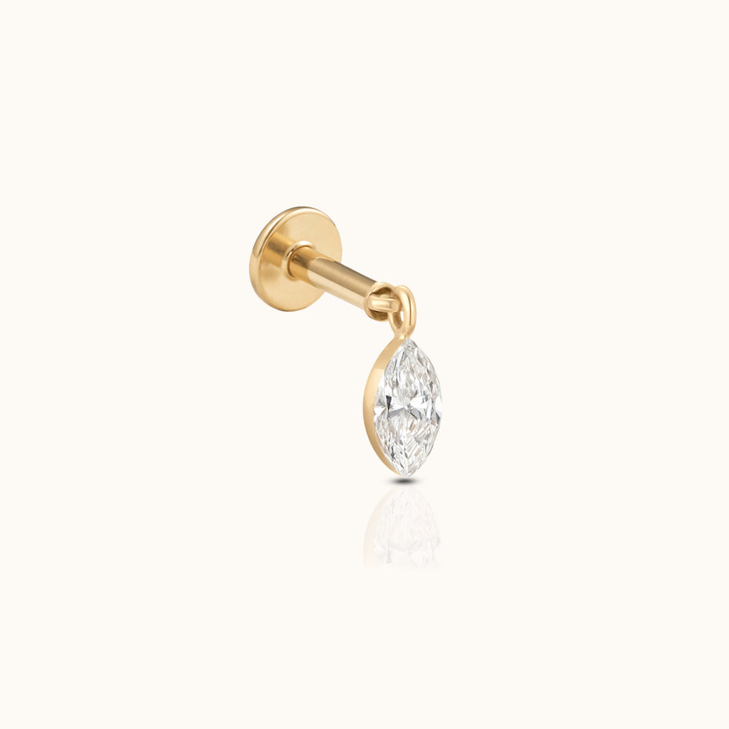 DOVIANA 14K solid gold marquise diamond drop threaded flat-back earring with a bezel-set dangling diamond oval shape diamond