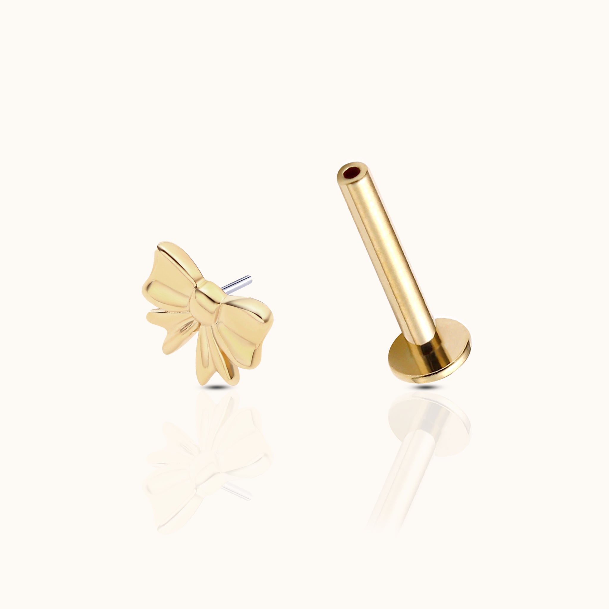 14K Solid Gold Petite Bow Threadless Labret Flat Back Earring by Doviana