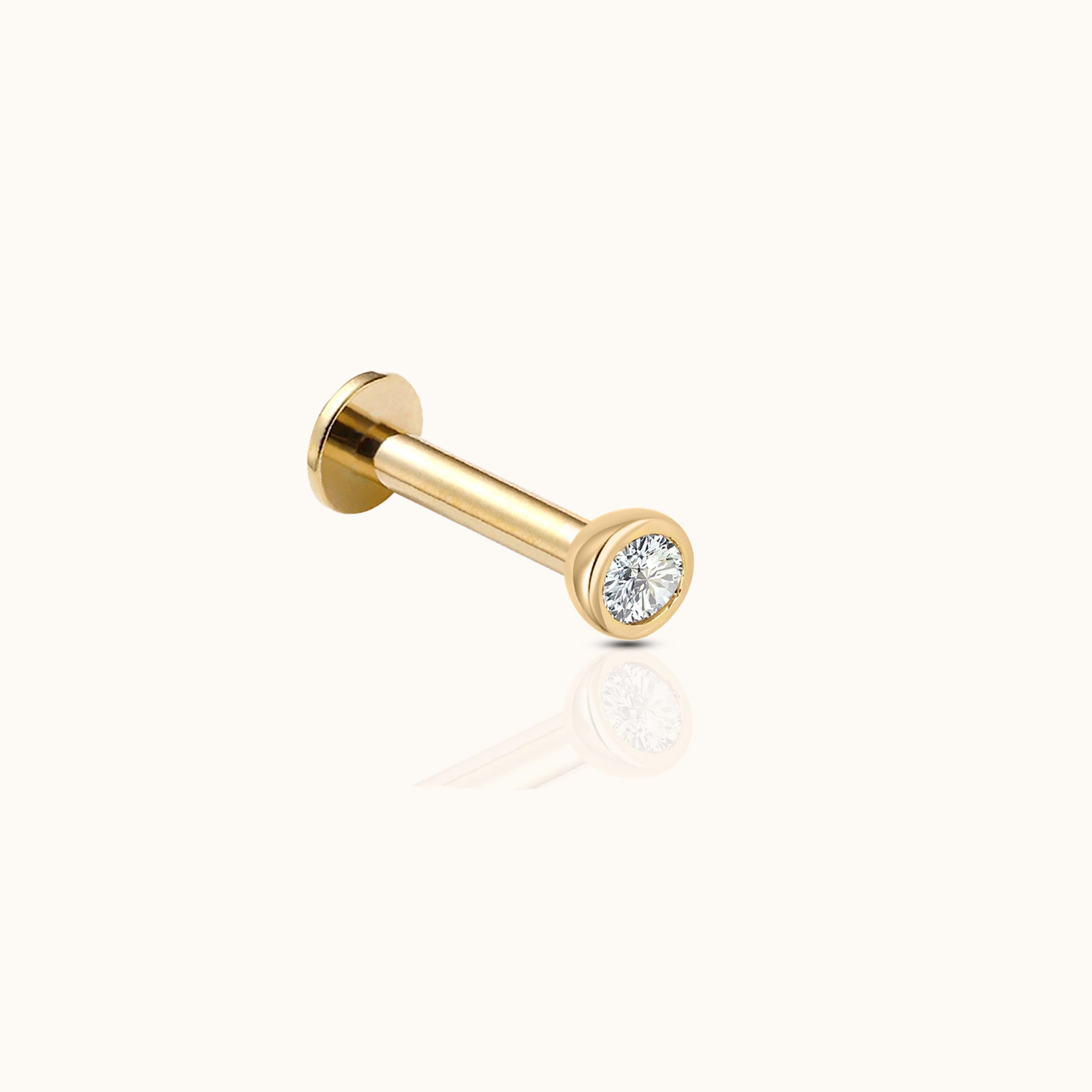 14K Solid Gold Round 2mm CZ Bezel Threadless Labret Flat Back Earring by DOVIANA