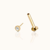 14K Solid Gold Round 2mm CZ Bezel Threadless Labret Flat Back Earring by DOVIANA