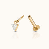 DOVIANA 14K solid gold trillion-cut diamond drop threaded flat-back earring with a bezel-set triangular diamond, shown from the side