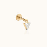 DOVIANA 14K solid gold trillion-cut diamond drop threaded flat-back earring with a bezel-set triangular diamond, shown from the side