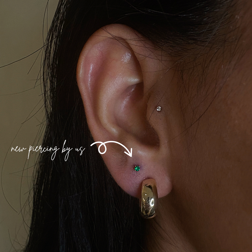 14K Solid Gold 2mm Emerald Green CZ Threadless Flat Back Earring by Doviana