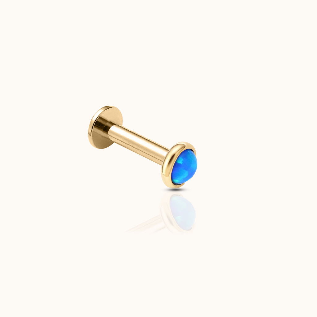 14K Solid Gold 2mm Ocean Blue Opal Bezel Set Threadless Flat Back Nap Earring by Doviana