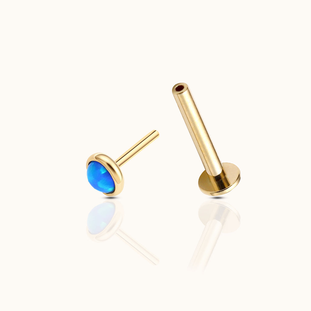 14K Solid Gold 2mm Ocean Blue Opal Bezel Set Threadless Flat Back Nap Earring by Doviana