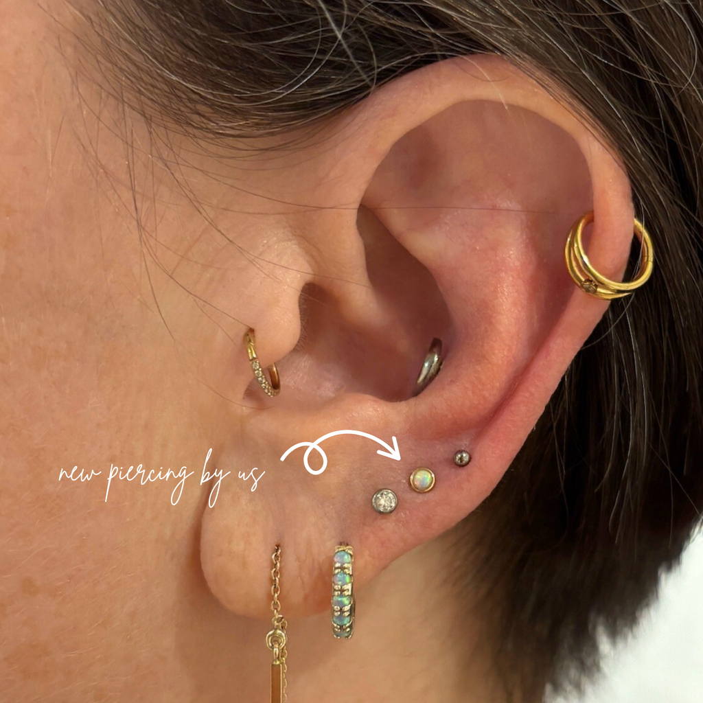 14K Solid Gold 2mm Opal Bezel Set Threadless Flat Back Earring by DOVIANA