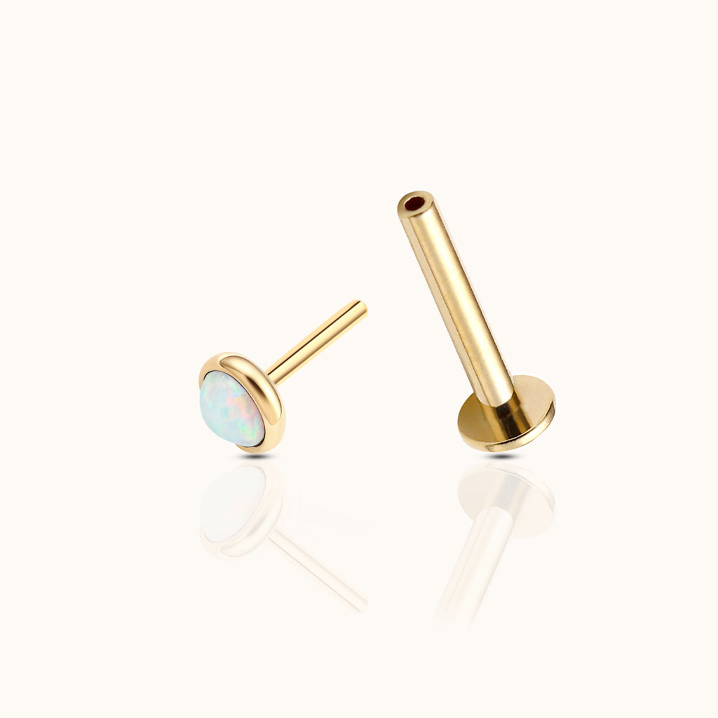 14K Solid Gold 2mm Opal Bezel Set Threadless Flat Back Earring by DOVIANA