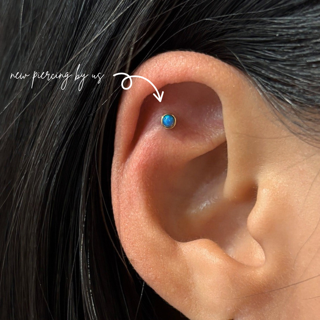 14K Solid Gold 3mm Ocean Blue Opal Bezel Set Threadless Flat Back Earring by Doviana