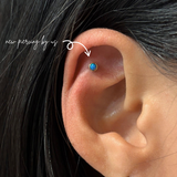14K Solid Gold 3mm Ocean Blue Opal Bezel Set Threadless Flat Back Earring by Doviana