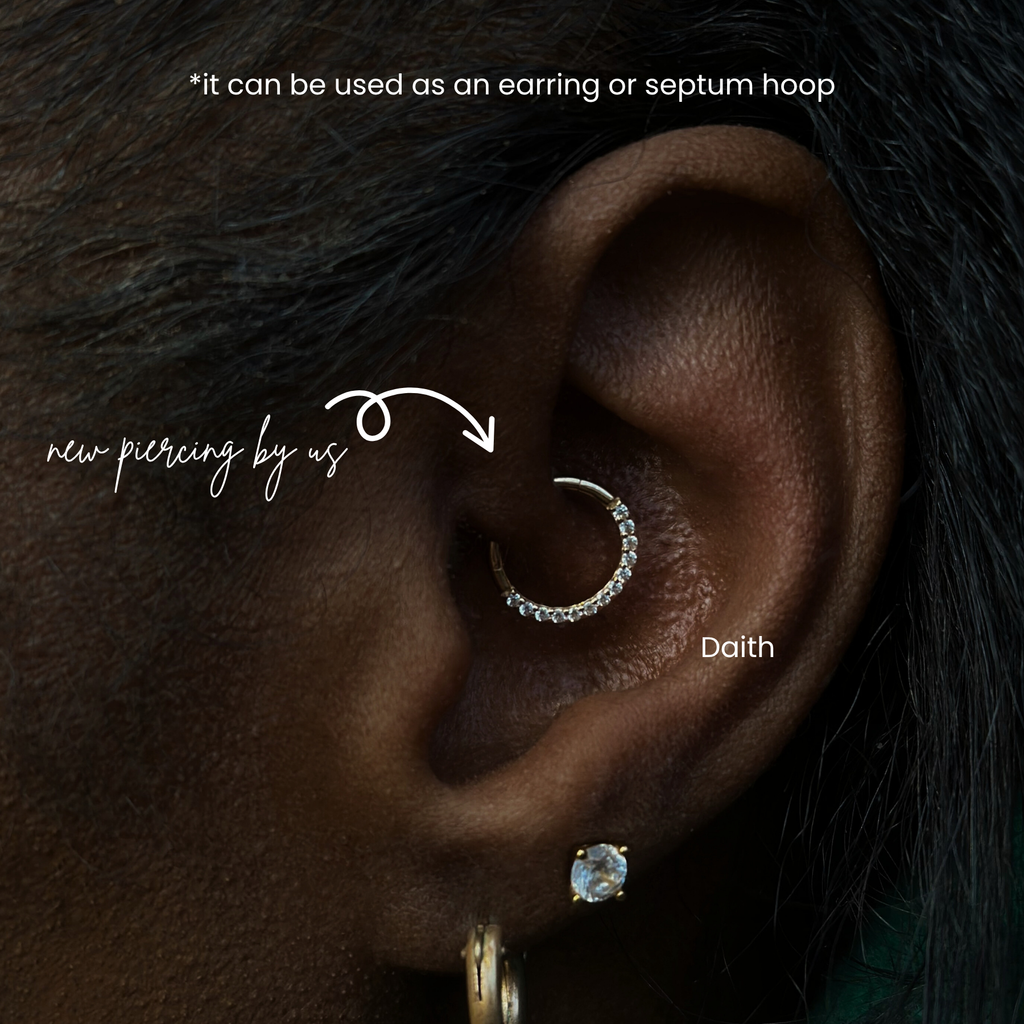 14K Solid Gold 8mm Daith Half CZ Clicker Hoop Earring by DOVIANA