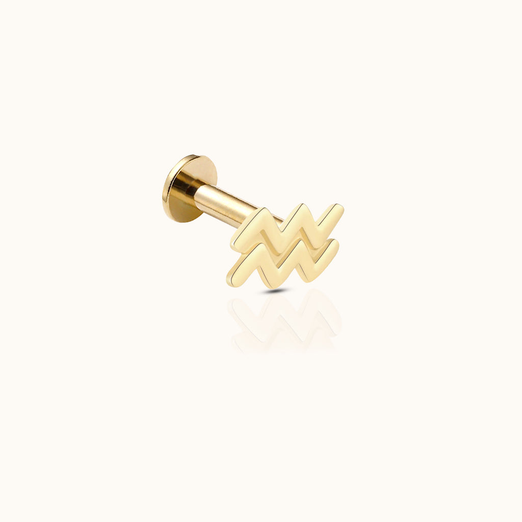 14K Solid Gold Aquarius Feb Birth Air Sign Zodiac Astrology Constellation Threadless Labret Flat Back Earring by Doviana