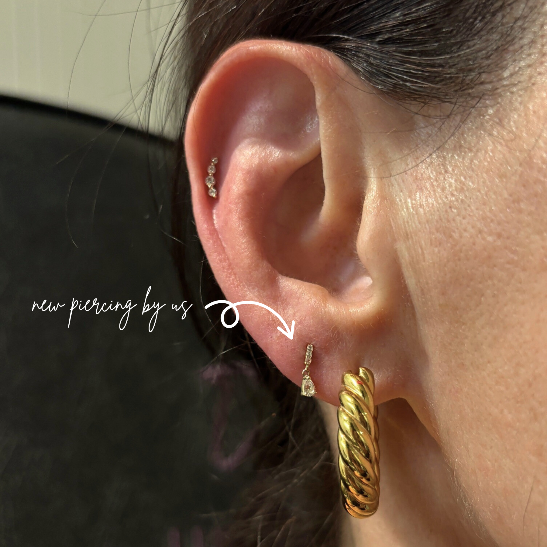 14K Solid Gold Bar CZ and Pear CZ Dangle Teardrop Threadless Flat Back Nap Earring by DOVIANA