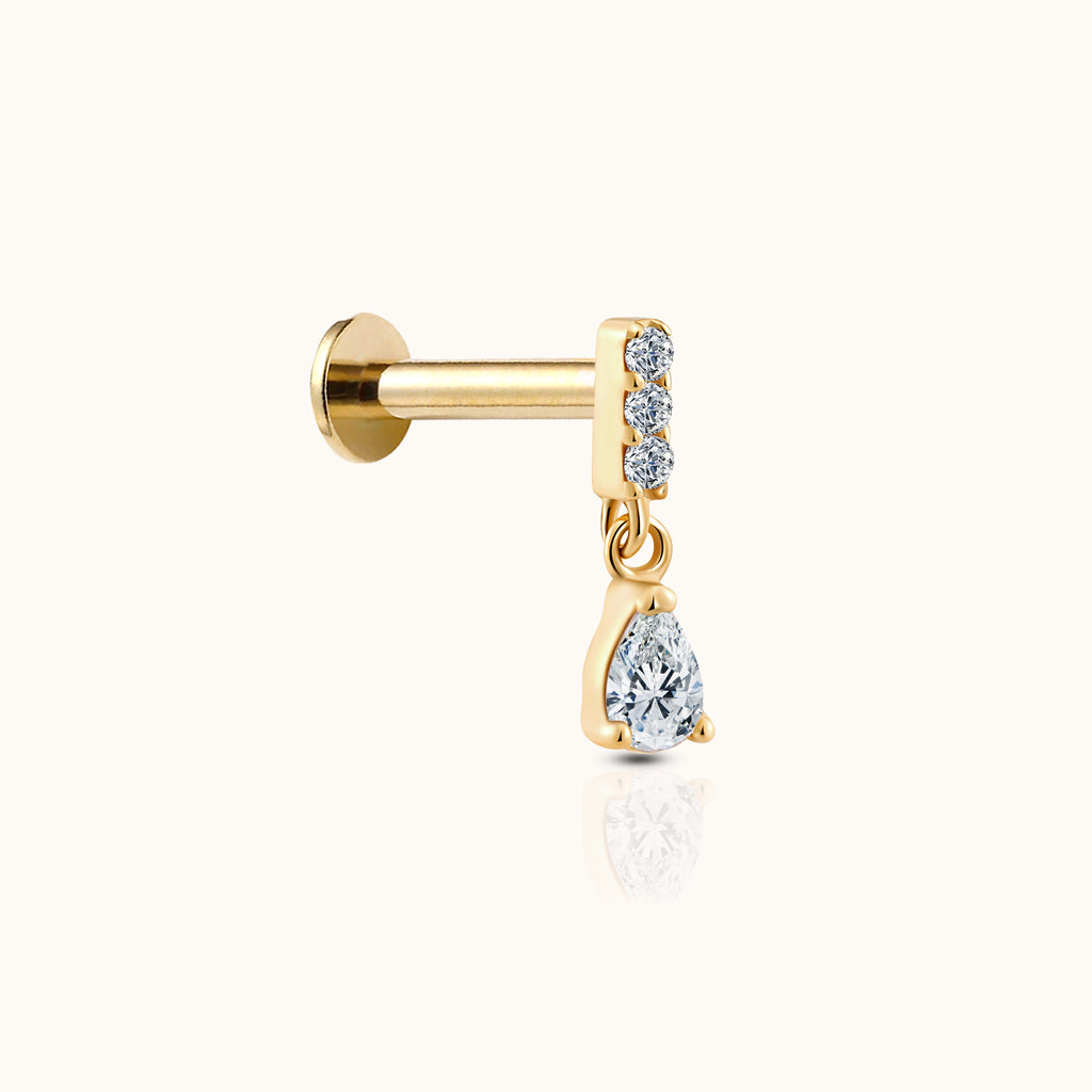 14K Solid Gold Bar CZ and Pear CZ Dangle Teardrop Threadless Flat Back Nap Earring by DOVIANA