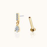 14K Solid Gold Bar CZ and Pear CZ Dangle Teardrop Threadless Flat Back Nap Earring by DOVIANA