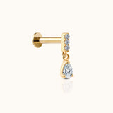 14K Solid Gold Bar CZ and Pear CZ Dangle Teardrop Threadless Flat Back Nap Earring by DOVIANA
