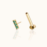 14K Solid Gold Bar Triple Green CZ Threadless Labret Flat Back Earring by Doviana