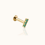 14K Solid Gold Bar Triple Green CZ Threadless Labret Flat Back Earring by Doviana
