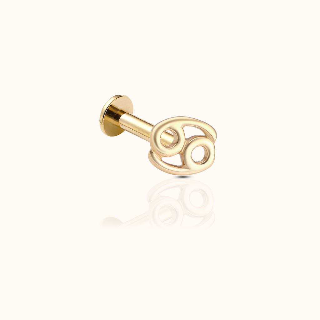 14K Solid Gold Cancer Jul Birth Water Sign Zodiac Astrology Constellation Threadless Labret Flat Back Earring by Doviana