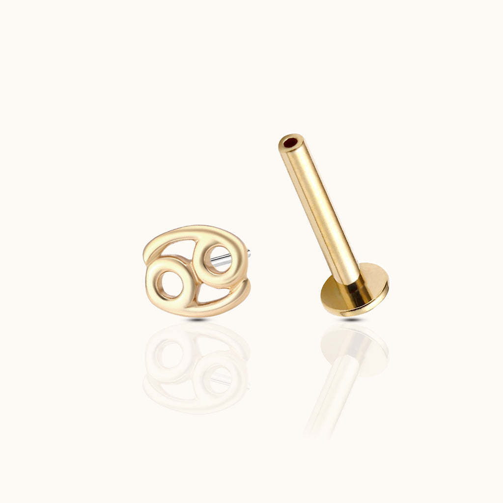 14K Solid Gold Cancer Jul Birth Water Sign Zodiac Astrology Constellation Threadless Labret Flat Back Earring by Doviana