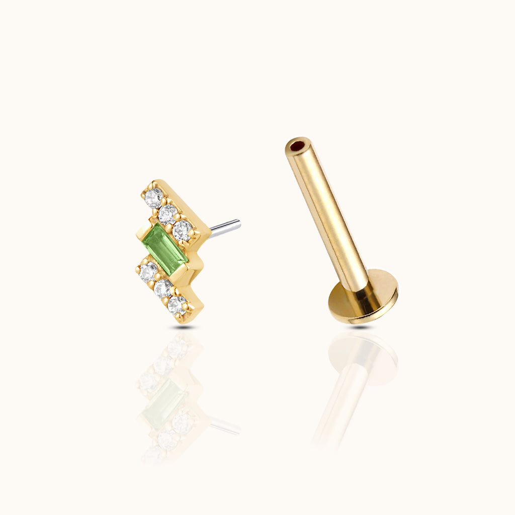 14K Solid Gold Chevron Green Baguette & CZ Stud Flat Back Earring by DOVIANA