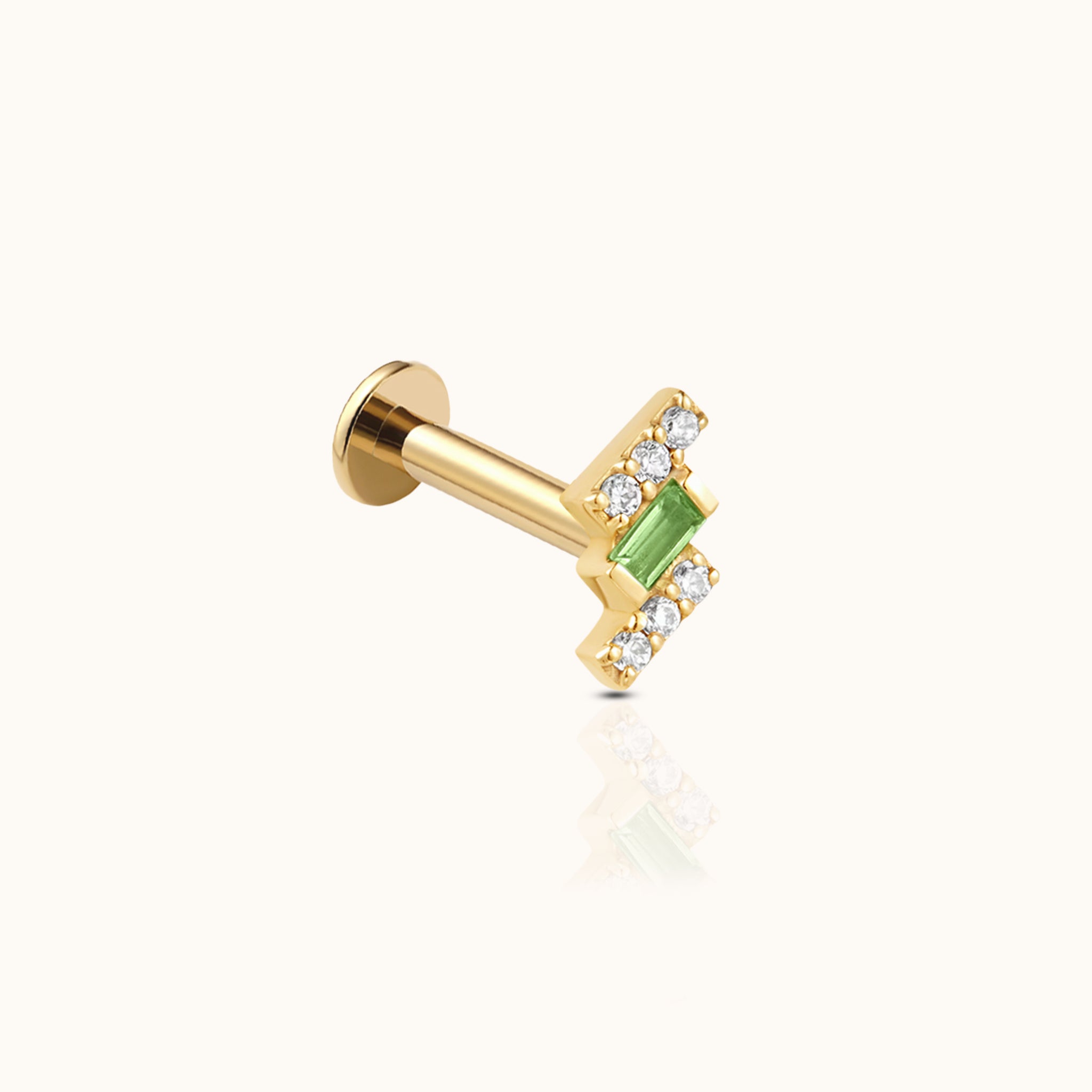 14K Solid Gold Chevron Green Baguette & CZ Stud Flat Back Earring by DOVIANA