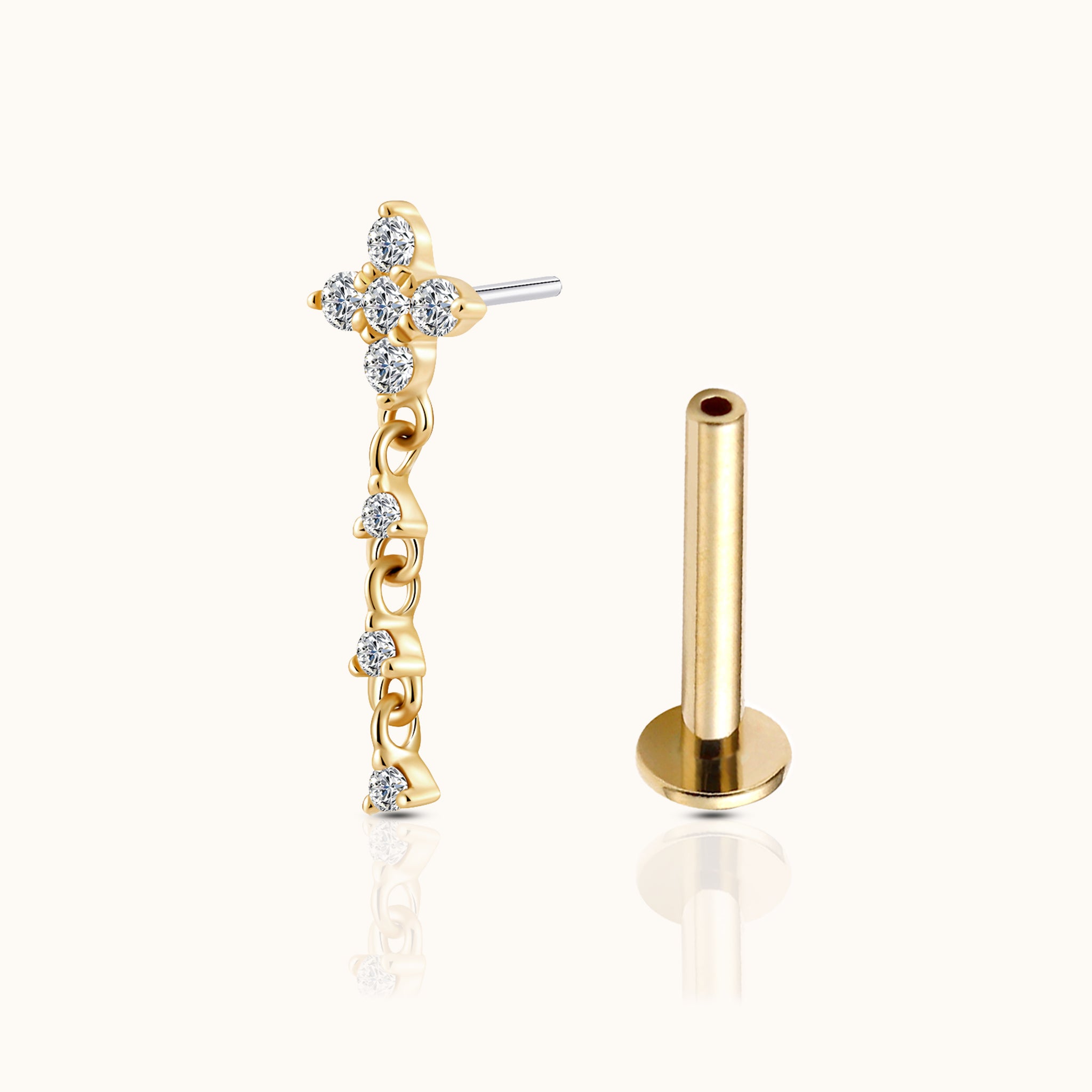 14K Solid Gold Clover CZ Dangle Drop Threadless Labret Flat Back Earring by Doviana