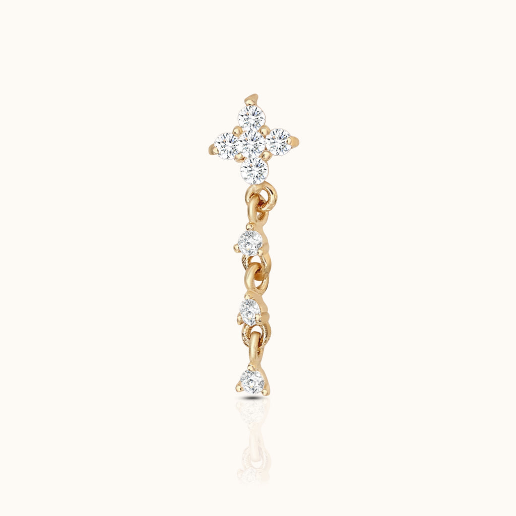 14K Solid Gold Clover CZ Dangle Drop Threadless Labret Flat Back Earring by Doviana
