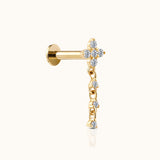14K Solid Gold Clover CZ Dangle Drop Threadless Labret Flat Back Earring by Doviana