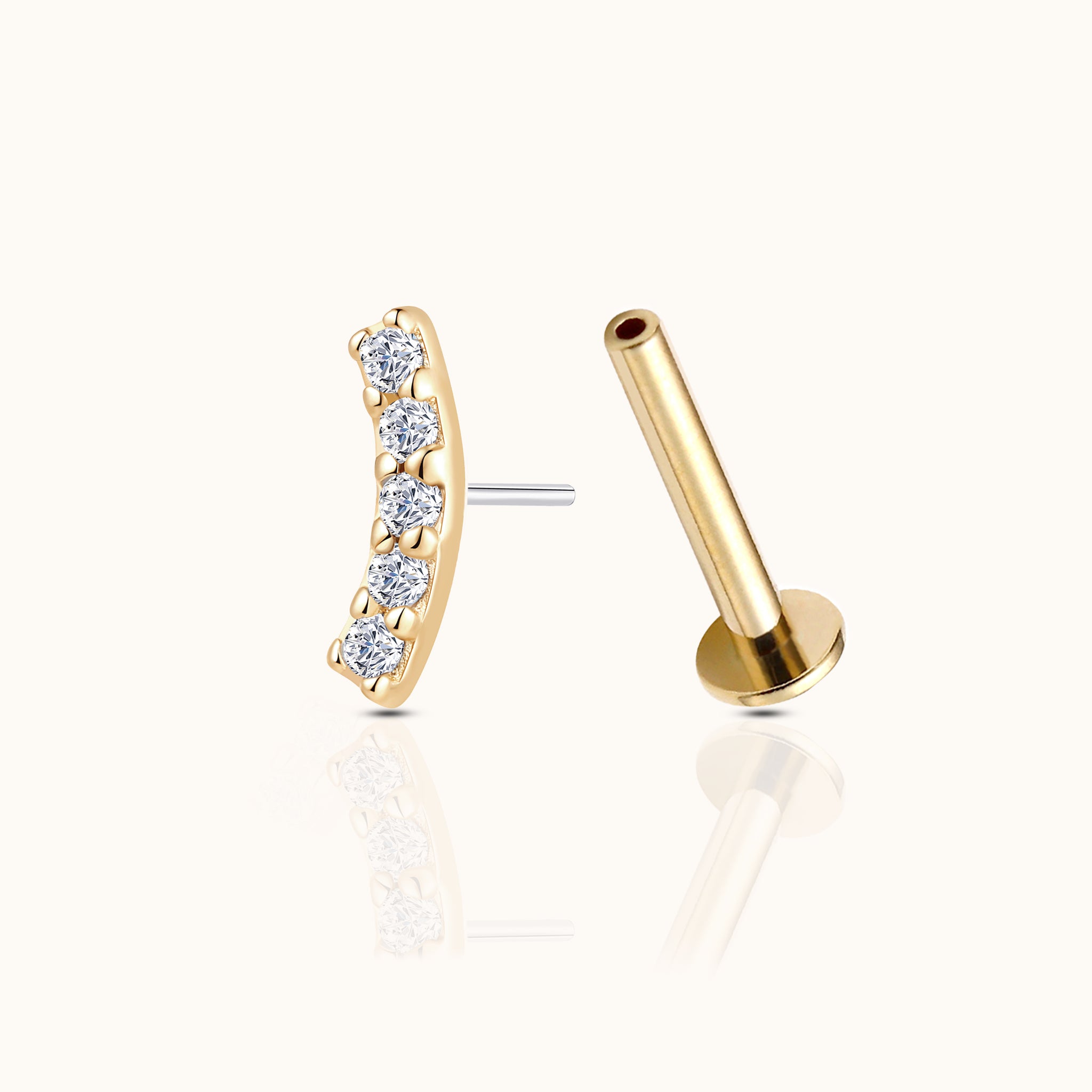 14K Solid Gold Curved Bar CZ Threadless Labret Flat Back Earring by Doviana