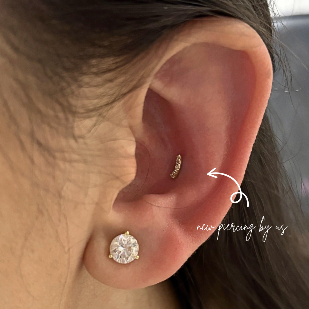 14K Solid Gold Curved Bar CZ Threadless Flat Back Earring by Doviana