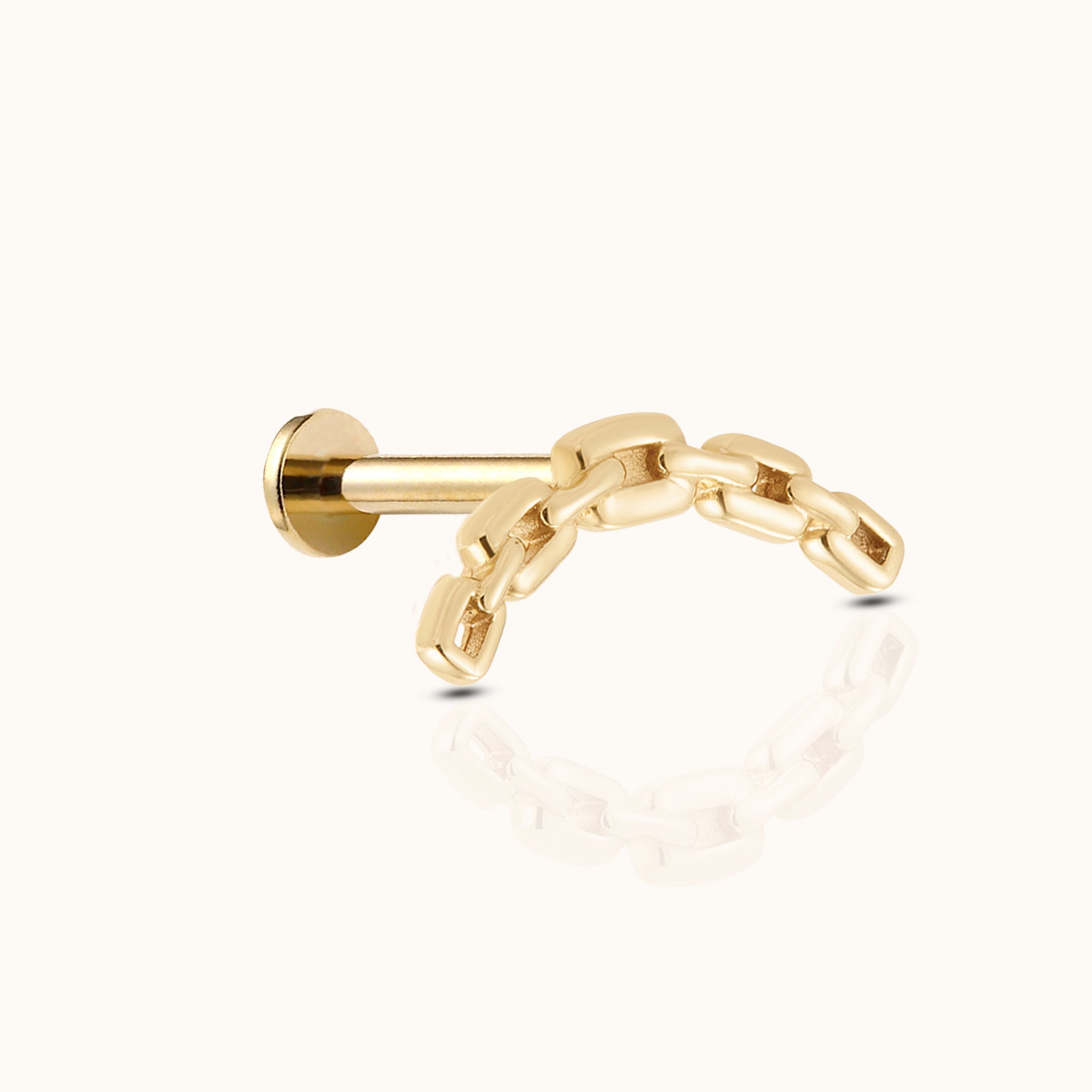 14K Solid Gold Curved Paperclip Chain Link Threadless Labret Flat Back Earring by Doviana