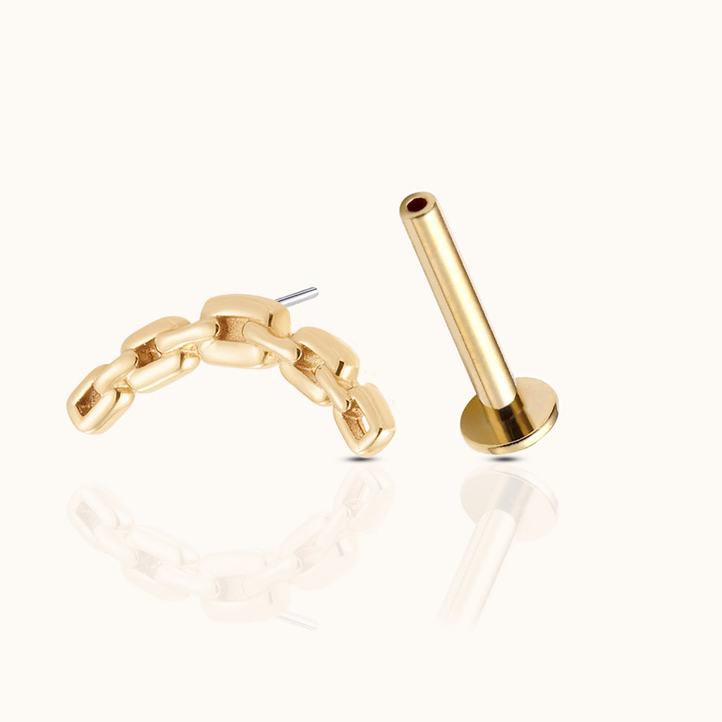 14K Solid Gold Curved Paperclip Chain Link Threadless Labret Flat Back Earring by Doviana