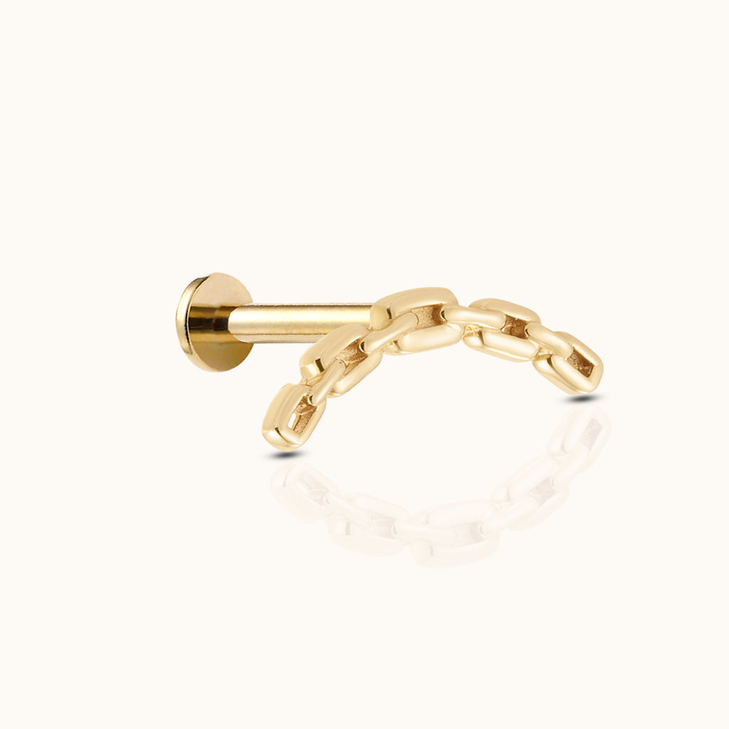 14K Solid Gold Curved Paperclip Chain Link Threadless Labret Flat Back Earring by Doviana