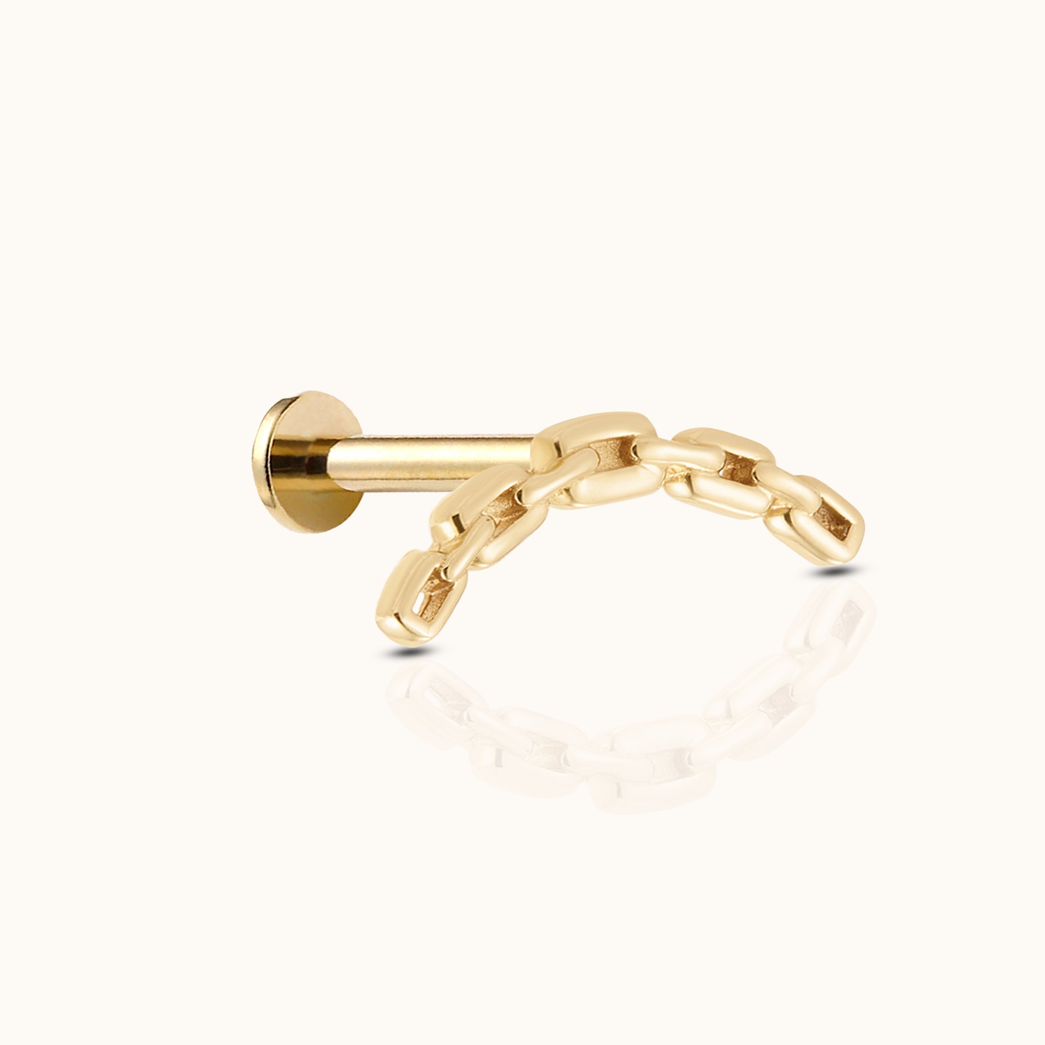 14K Solid Gold Curved Paperclip Chain Link Threadless Labret Flat Back Earring by Doviana