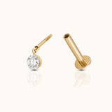 DOVIANA 14K solid gold diamond drop threaded flat-back earring with a bezel-set round diamond charm 3mm diamond