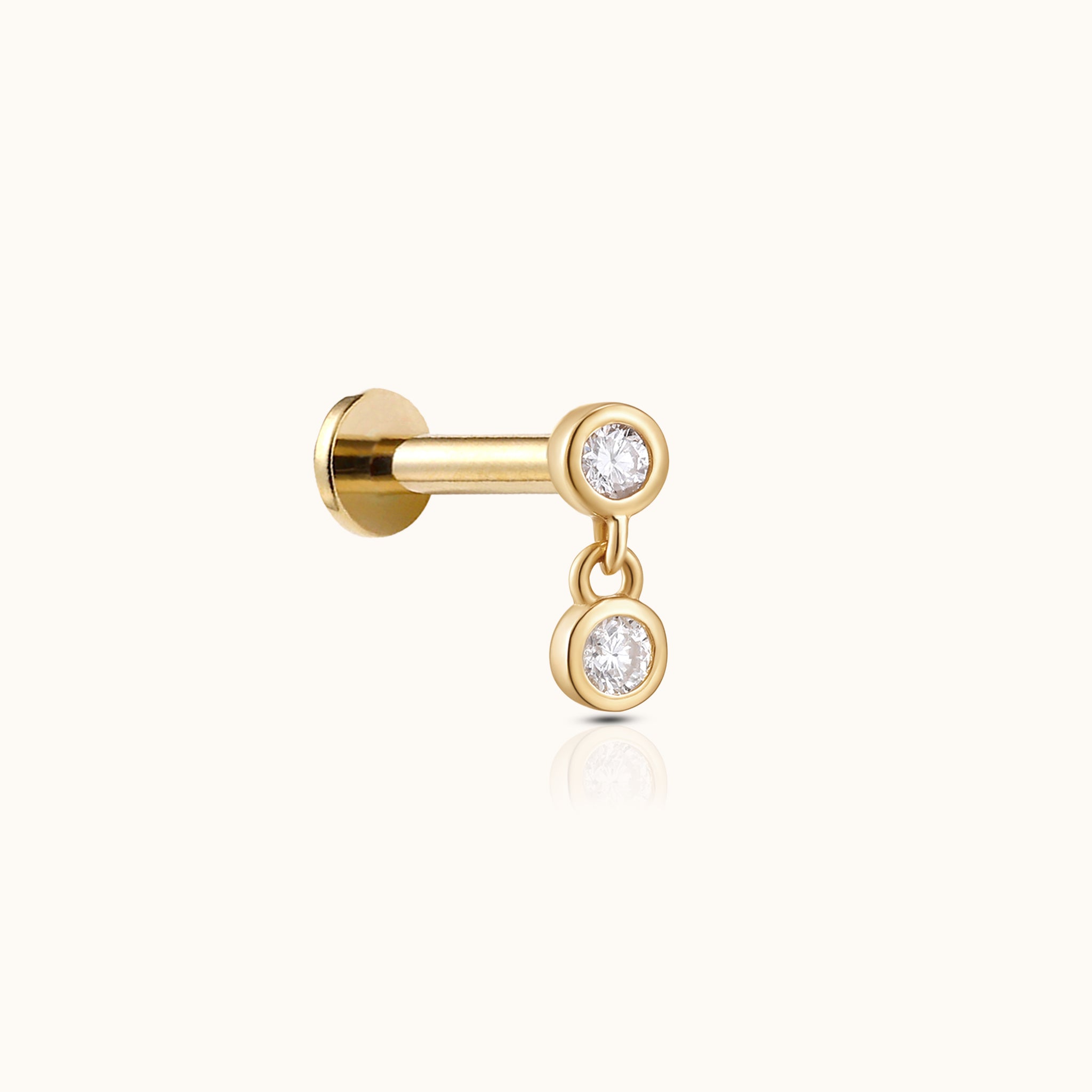 14K Solid Gold Double Bezel Round CZ Drop Threadless Labret Flat Back Nap Earring by Doviana