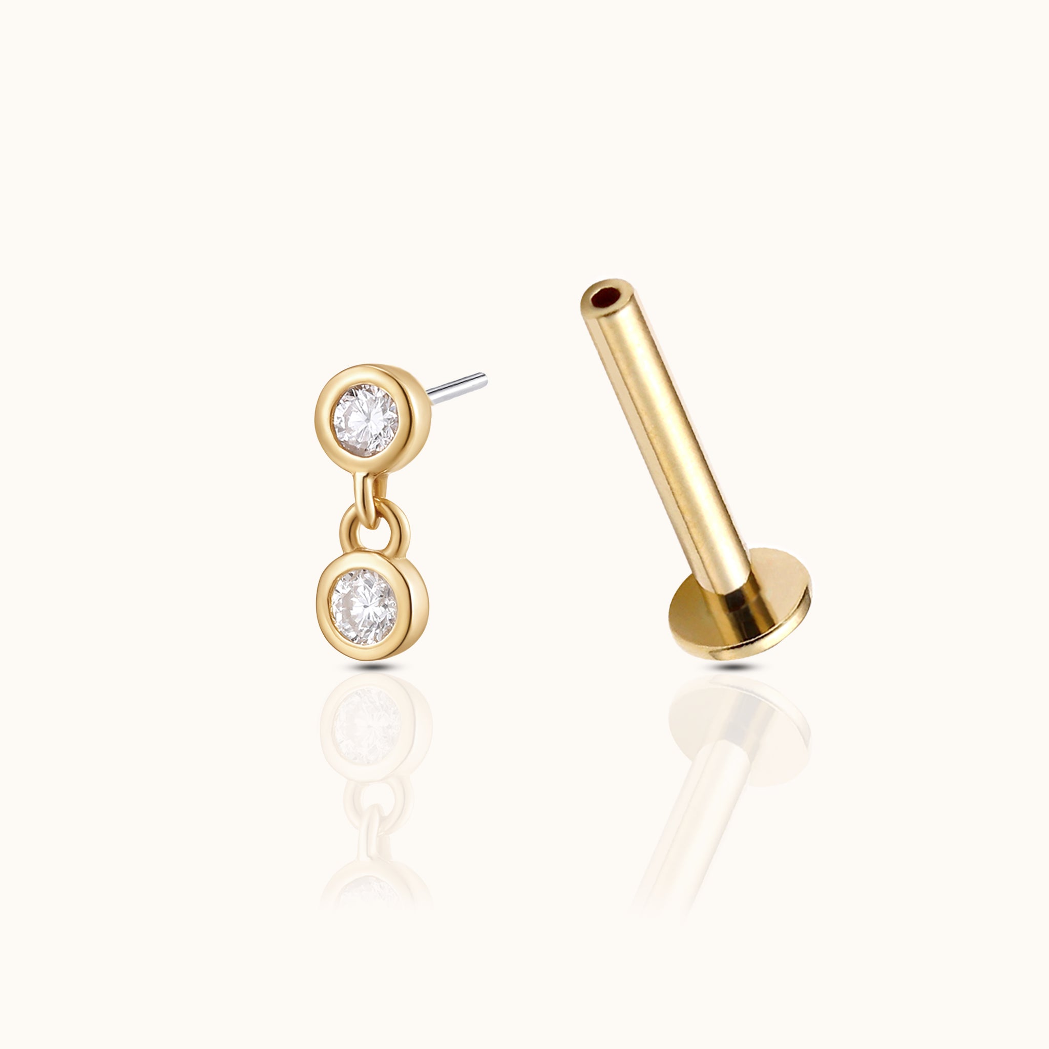 14K Solid Gold Double Bezel Round CZ Drop Threadless Labret Flat Back Nap Earring by Doviana