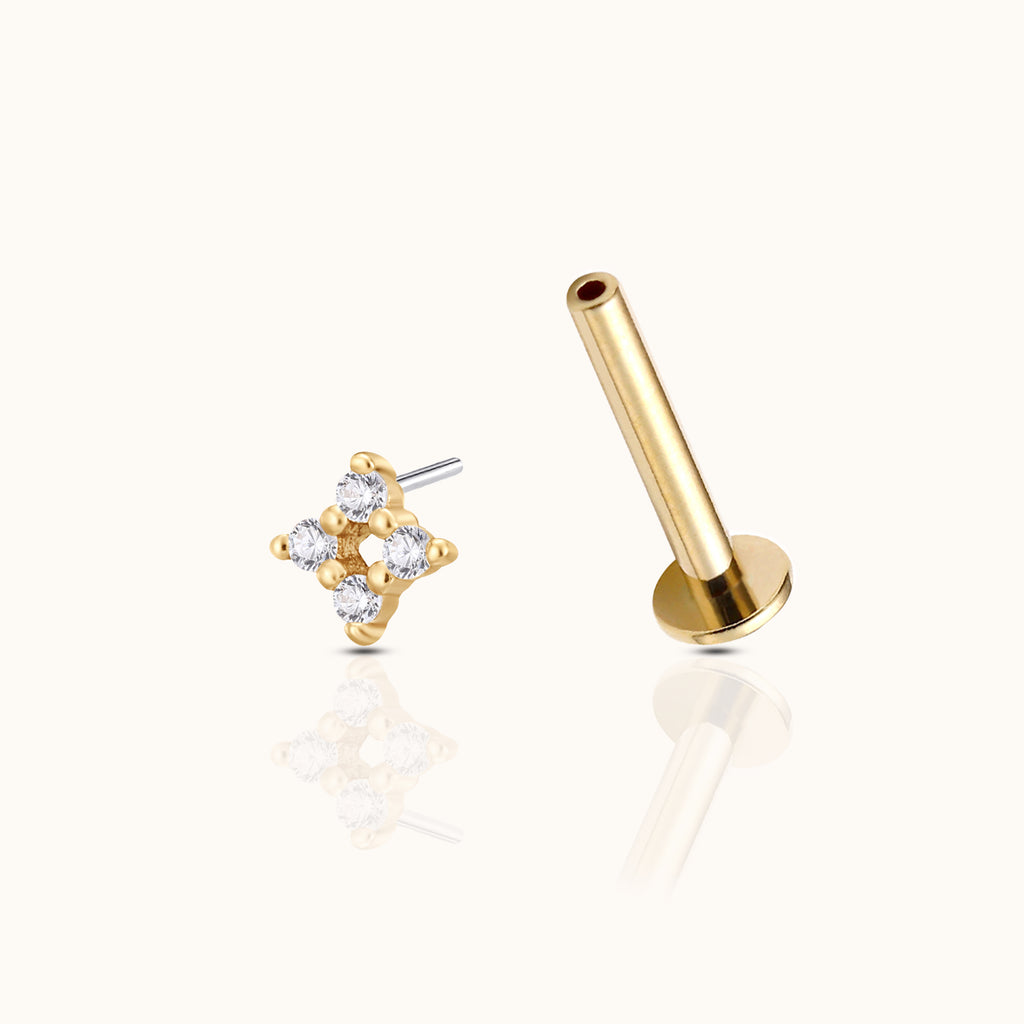 14K Solid Gold Four-point Cluster CZ Threadless Labret Flat Back Earring by Doviana