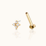 14K Solid Gold Four-point Cluster CZ Threadless Labret Flat Back Earring by Doviana
